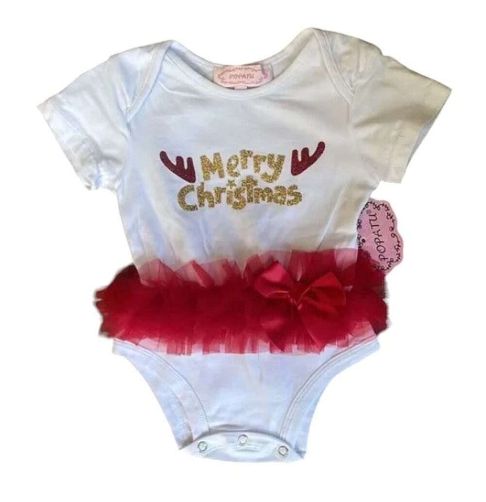 NWT Popatu Christmas White Red Gold Glitter Baby Tutu Bow Ruffle Bodysuit  3M